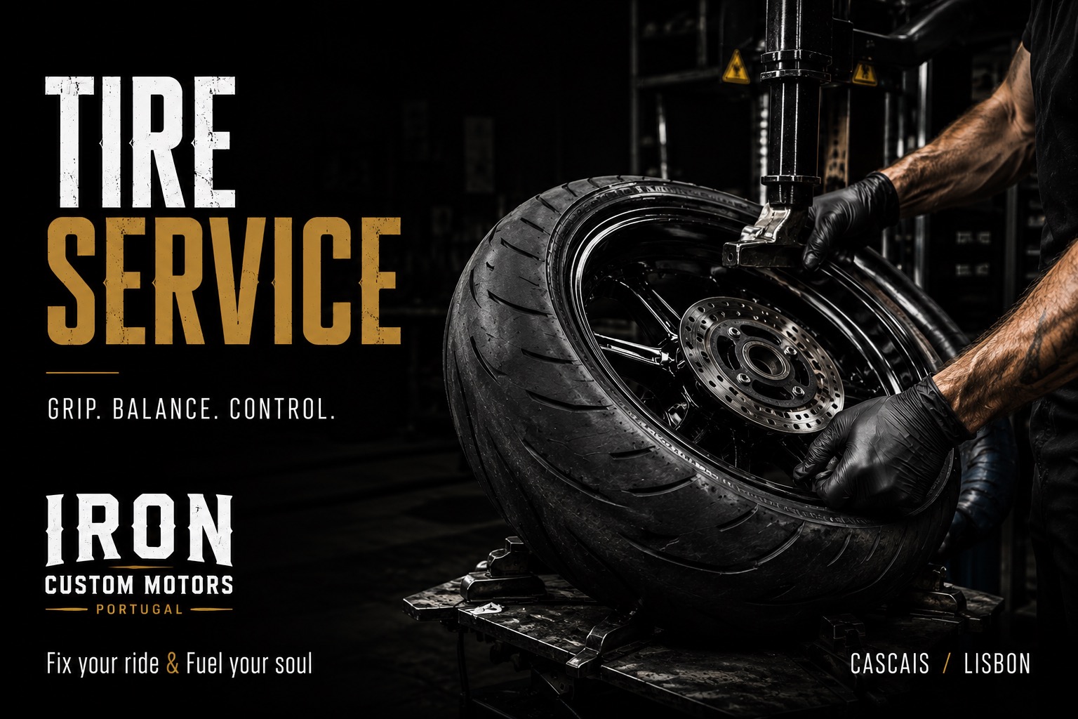 Motorcycle tyre service cover graphic showing tyre fitting at Iron Custom Motors.