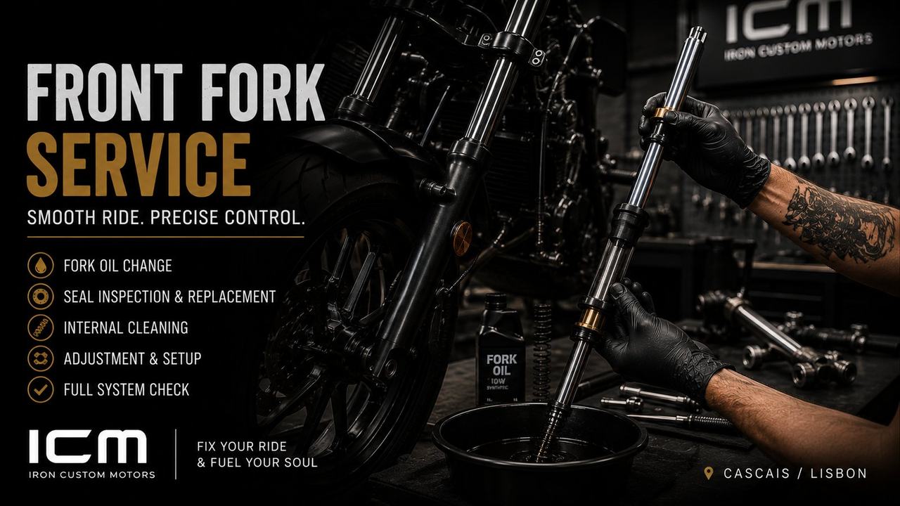 Capa do artigo sobre serviço da forquilha dianteira: óleo de forquilha e trabalho no tubo na oficina Iron Custom Motors.