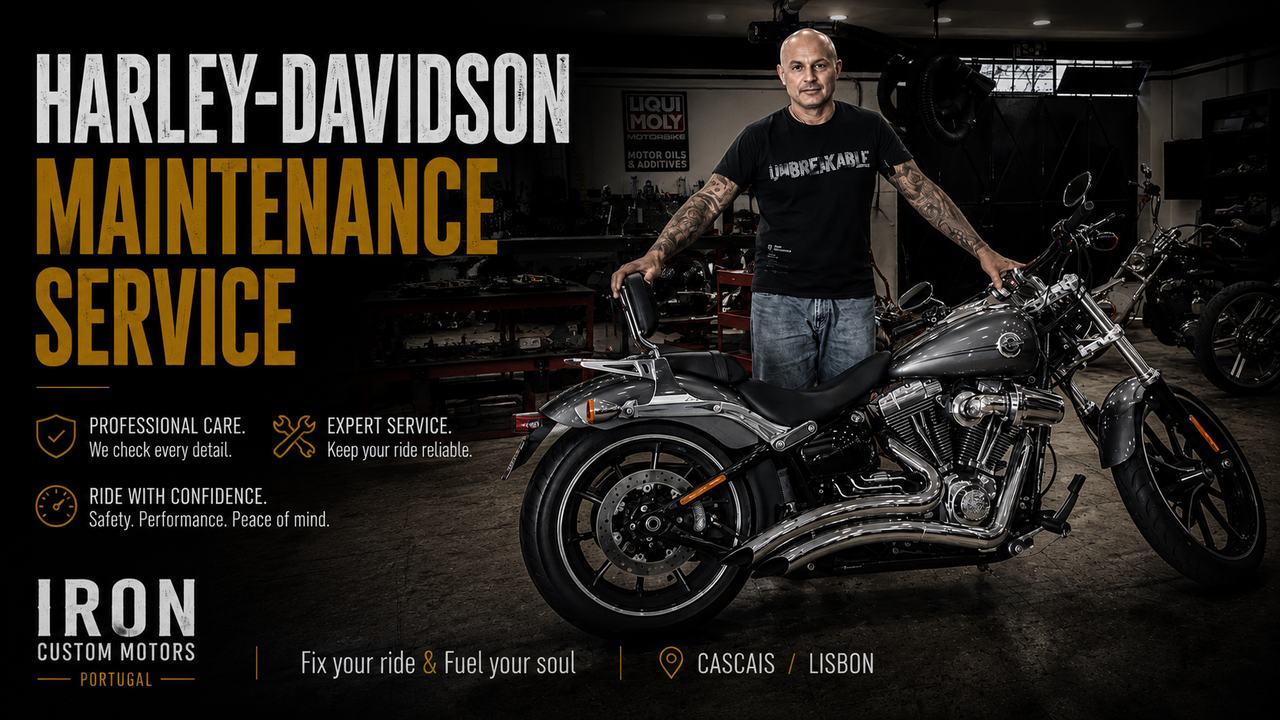 Harley-Davidson на подъёмнике в мастерской Iron Custom Motors в Кашкайше, Лиссабон, готов к полному ТО