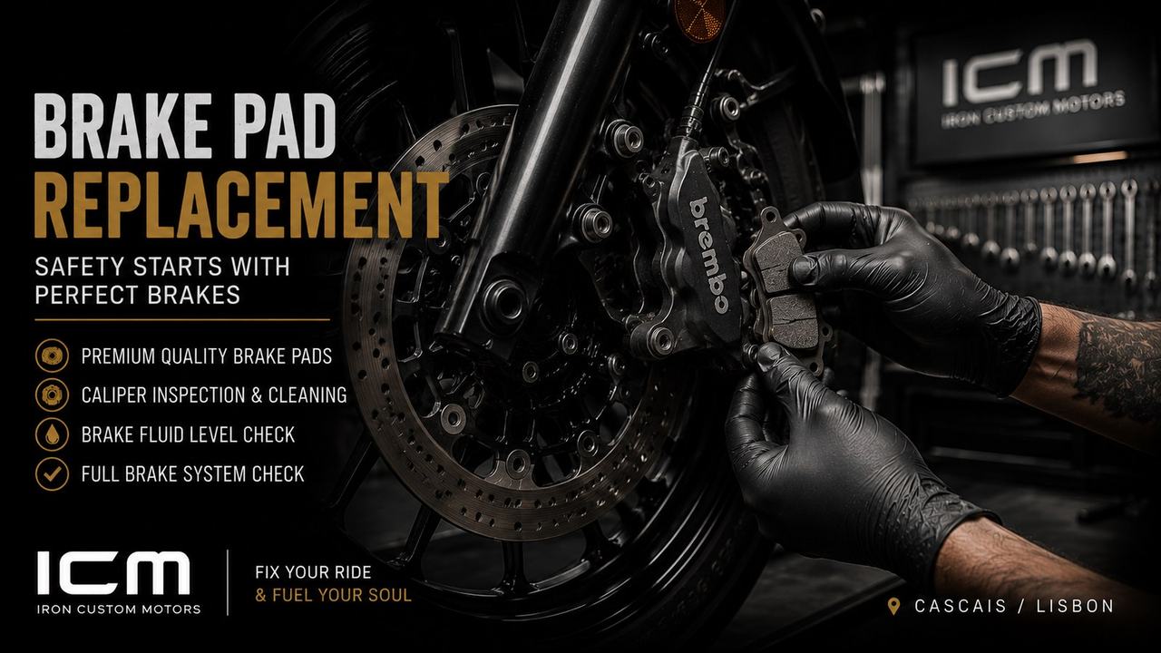 Motorcycle brake pad replacement cover graphic showing a Brembo brake caliper and brake pads in the Iron Custom Motors workshop.