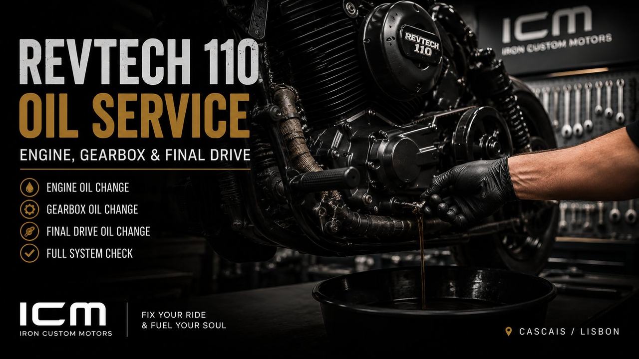 Обкладинка сервісу оливи RevTech 110 з кастомним V-twin мотоциклом у майстерні Iron Custom Motors.