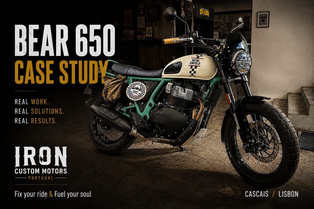 Royal Enfield Bear 650 з перевернутою вилкою Showa 43 мм у майстерні Iron Custom Motors.