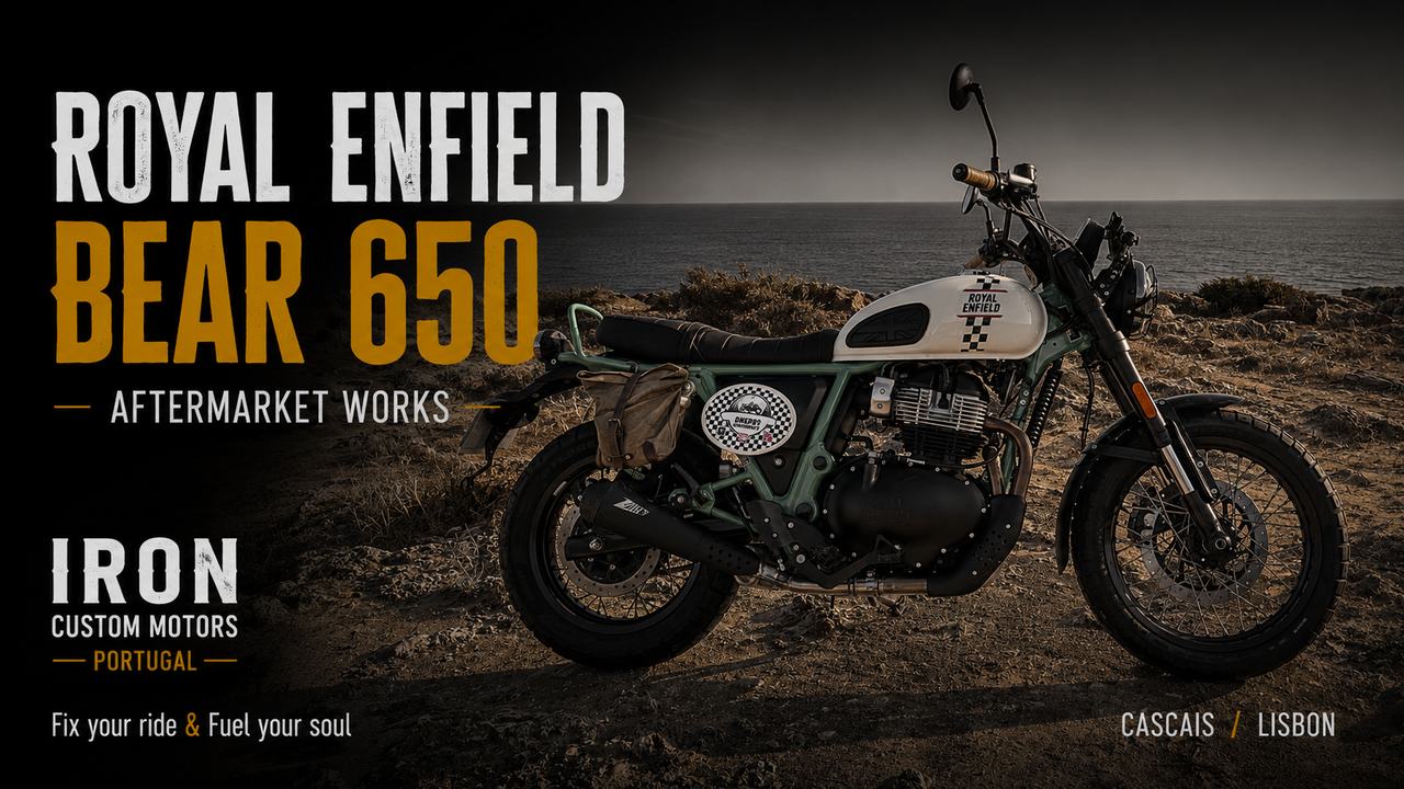 Preparação scrambler completa de uma Royal Enfield Bear 650 na Iron Custom Motors, em Cascais