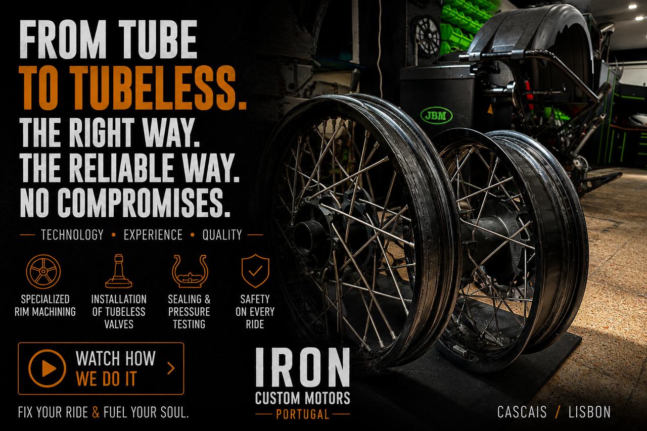 Конверсія спицьованого колеса мотоцикла в безкамерне у Iron Custom Motors, Кашкайш