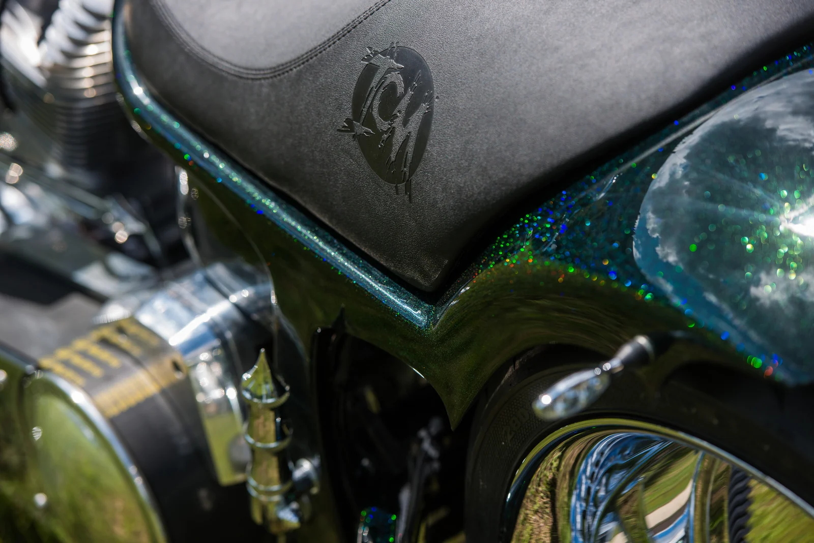 Fighter long chopper passenger seat and Green Plazma paint detail