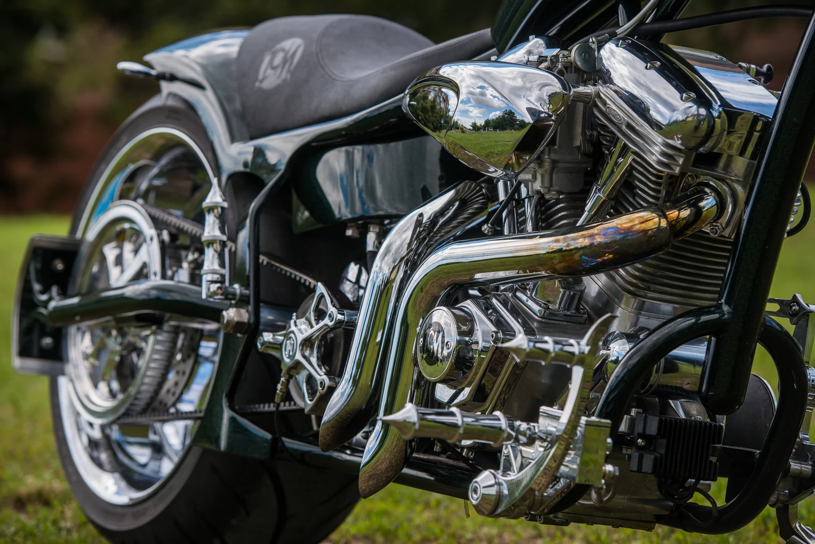 Fighter long chopper RevTech engine and Samson exhaust detail