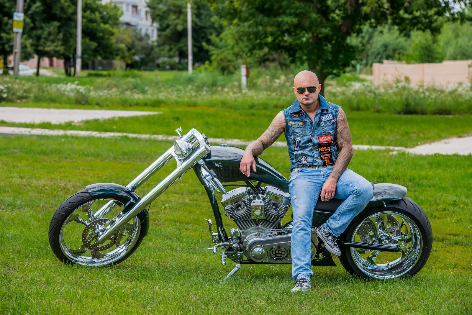 Fighter long chopper with rider outdoors