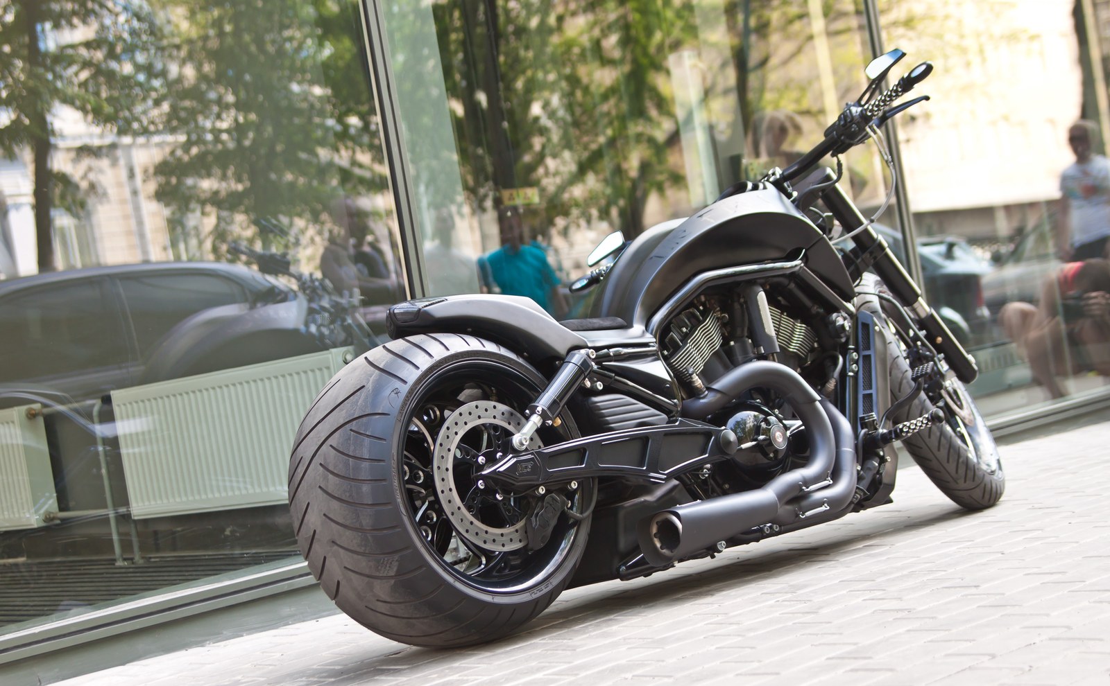 The First Night Rod custom rear three-quarter view