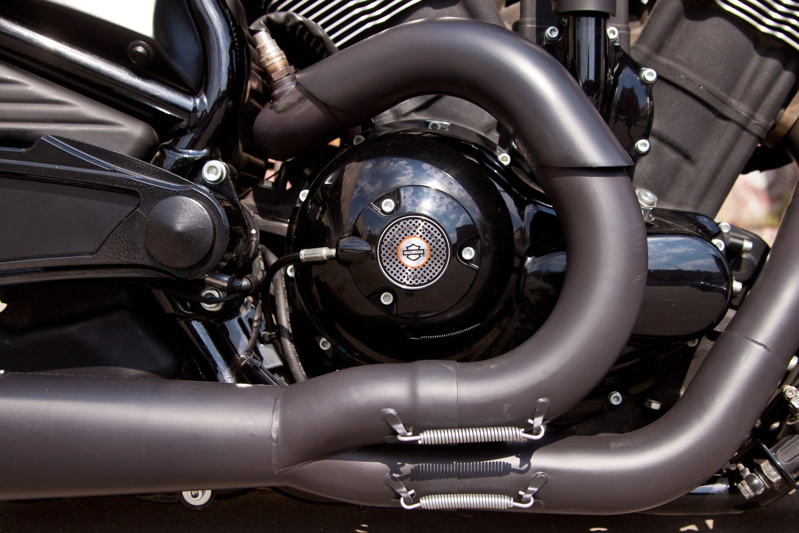 The First V-Rod engine and matte-black exhaust detail
