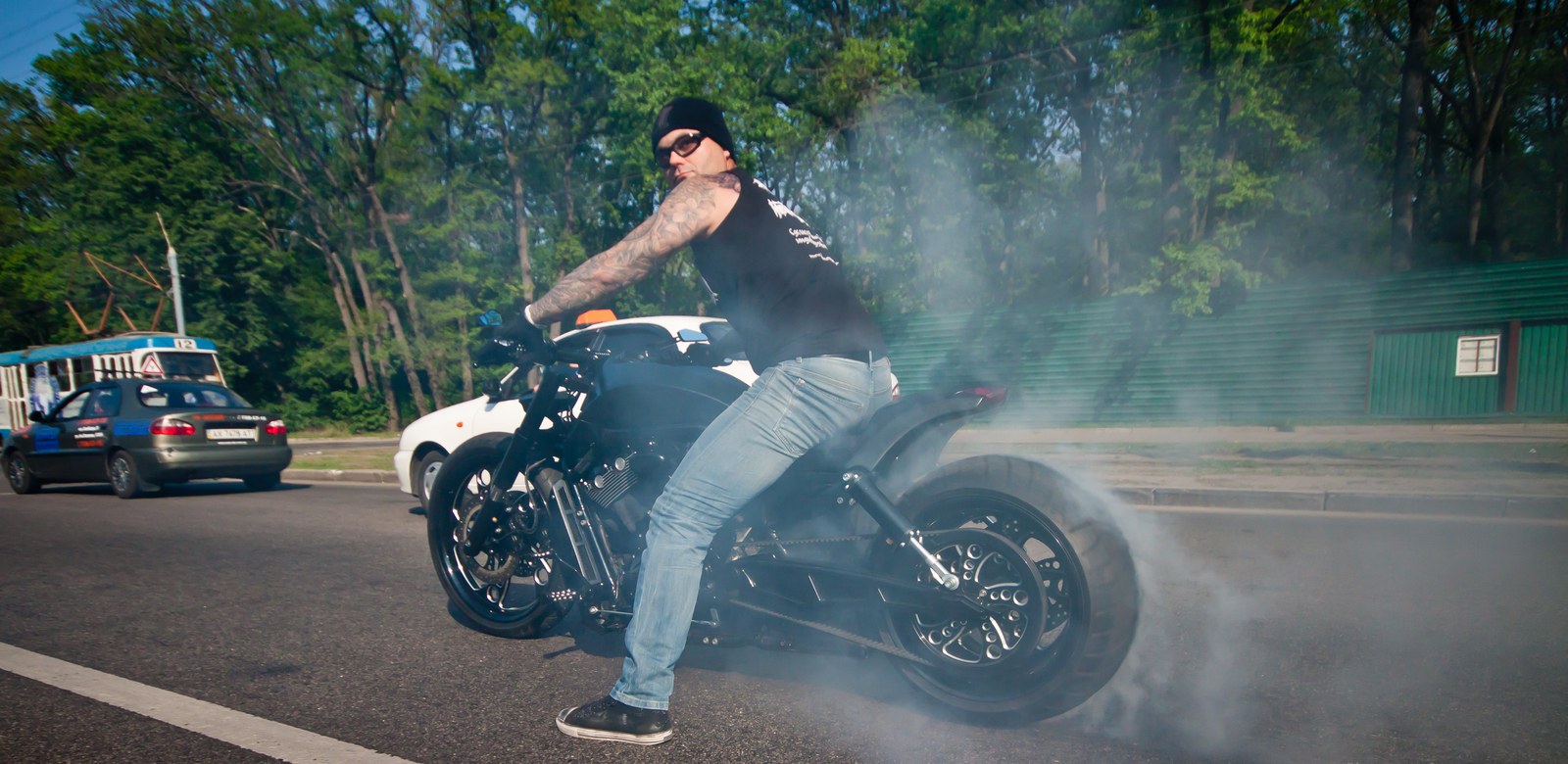 The First Night Rod custom during a rear-tyre burnout